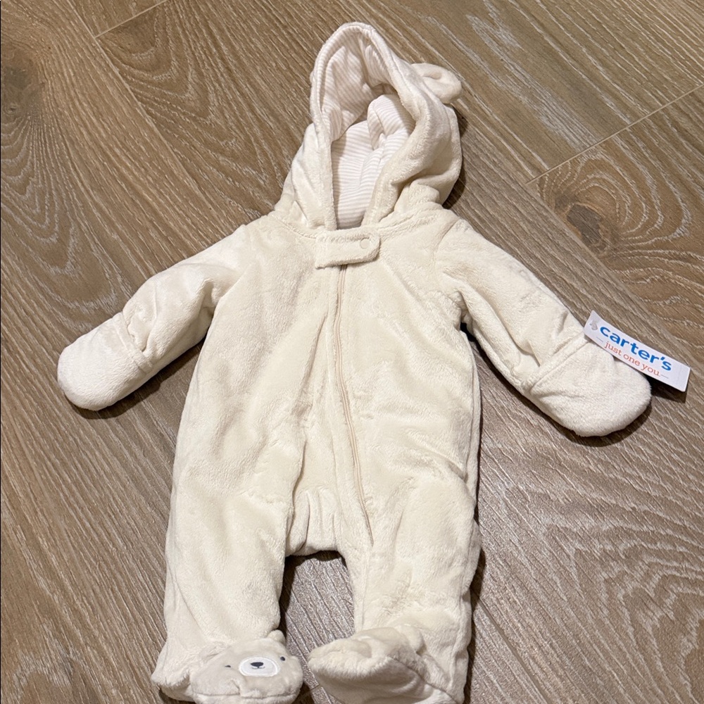 Carter's Cream Plush Bear Hooded Footed One-Piece NWT Newborn